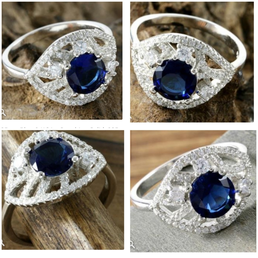 𝟗𝟐𝟓 𝐒𝐭𝐞𝐫𝐥𝐢𝐧𝐠 𝐒𝐢𝐥𝐯𝐞𝐫 Blue and White Sapphire Ring Size 8 in box